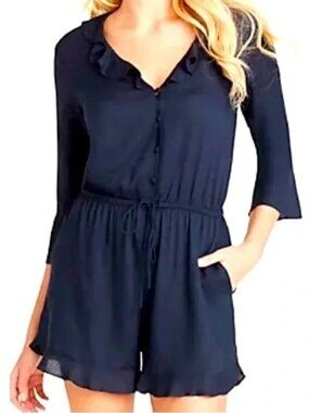 Jessica Simpson XL Navy Romper Tie Waist Ruffle Trim EUC